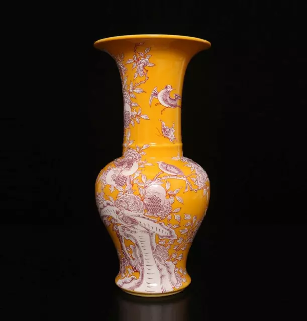 27CM Kangxi Signed Antique Chinese Famille Rose Yellow Glaze Vase W/flower