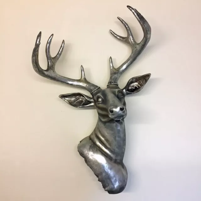 Large Stag Deer Head Sculpture Wall/Floor Standing Statue Antique Silver Style