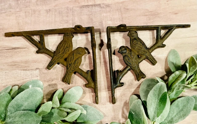 Pair 2 Cast Iron Antique-Rust Brown BIRD on BRANCH Brackets Braces Shelf corbels 9