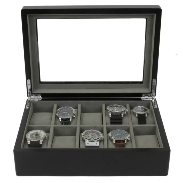 Watch Box 10 Slots Black Wood Case Storage Display Glass Lid Luxury 3