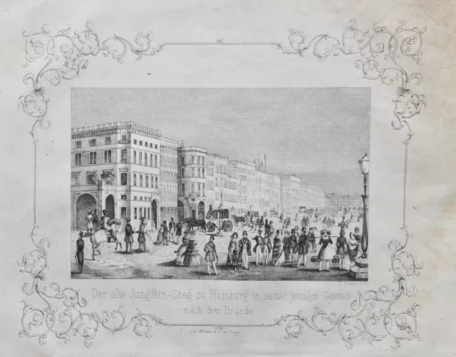 Original 1846! Stahlstich Alter Jungfernstieg zu Hamburg nach dem Brande Büchner
