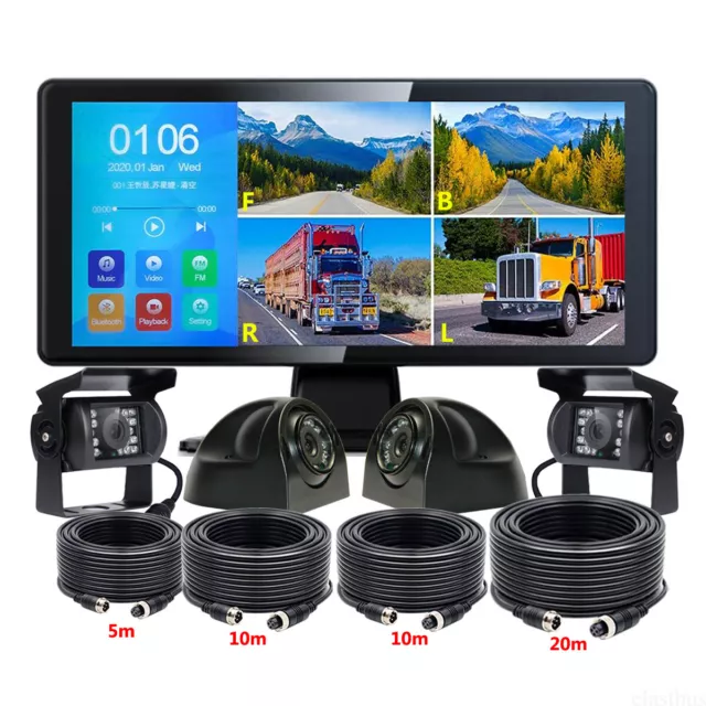 10.36" Touch Screen DVR Monitor Bluetooth 4x 1080P Front Side Rear View Camera