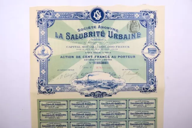 Societe La Salubrite Urbaine Action De 100 Francs Paris 1905 + Coupons