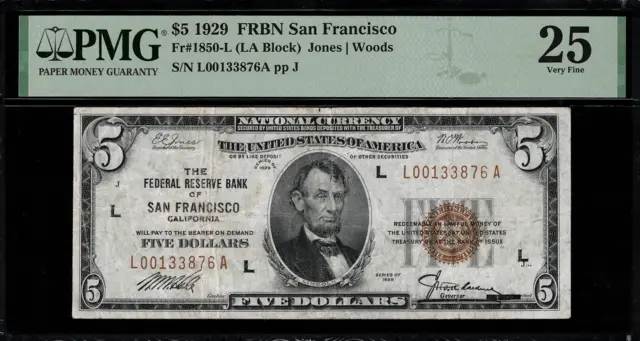 1929 $5 Federal Reserve Bank Note - San Francisco - FR.1850-L - PMG 25