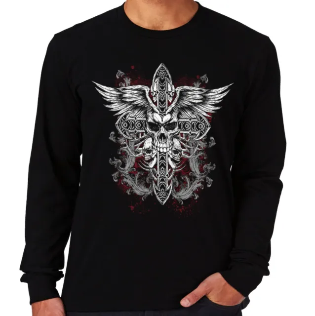 Velocitee Mens Long Sleeve T-Shirt Medieval Skull Biker Cross Gothic Goth A23006