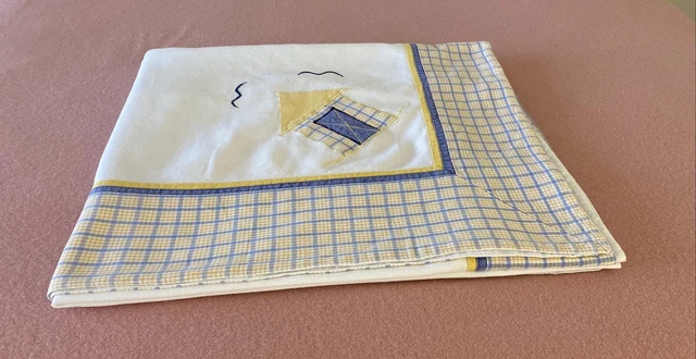 White Cotton Tablecloth Blue Yellow Plaid Check Beach House Appliqué Patchwork