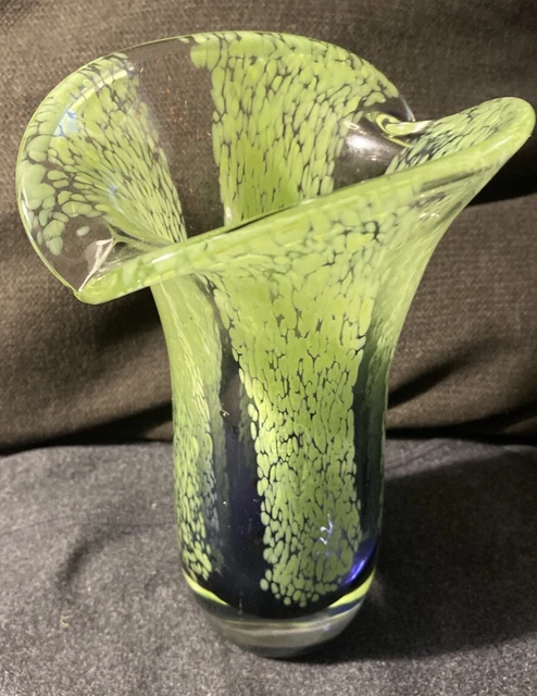 Vtg Teleflora Handblown Vase Art Glass Lime Purple/Black Nice Heavy