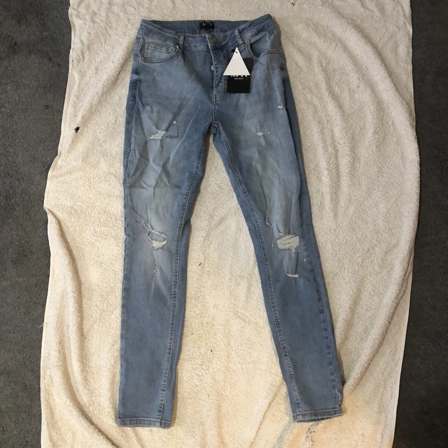 MEN'S BOOHOO MAN Super Skinny Multi Ripped Biker Blue Denim Jeans