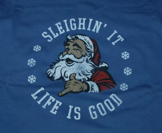 NWT Women's Life is Good Sleighin' It Santa Christmas Blue LS Crusher Tee