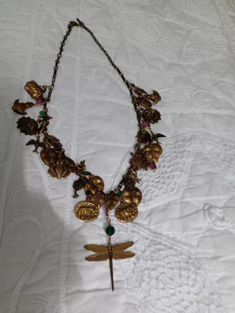 Sadie Green Victorian Revival Brass Dragonfly, full of charms necklace.