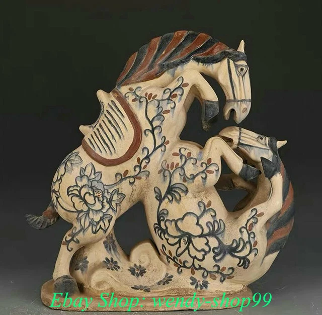 17" Old Chinese Tang Sancai Ceramics Pottery Dynasty Stallion 2 Horse Statue