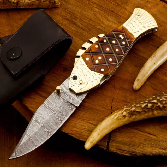 Custom Hand Made Damascus Steel Folding knife Fish knife Pocket Knife Handle