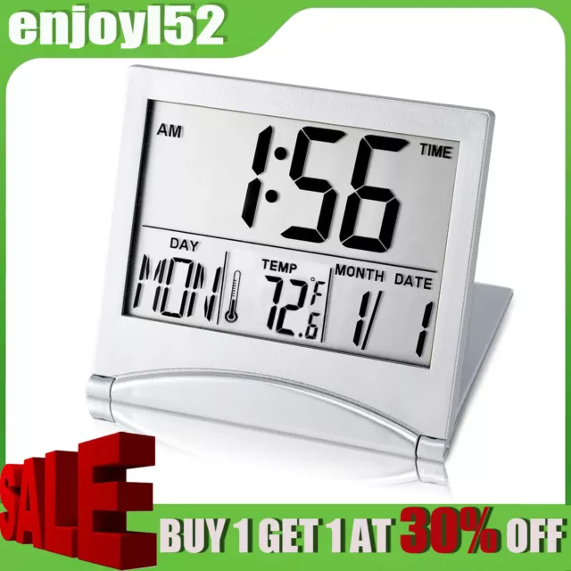 Silver Folded Stand Clock Desk Arlam Digital Travel Alarm Clock Battery Operated