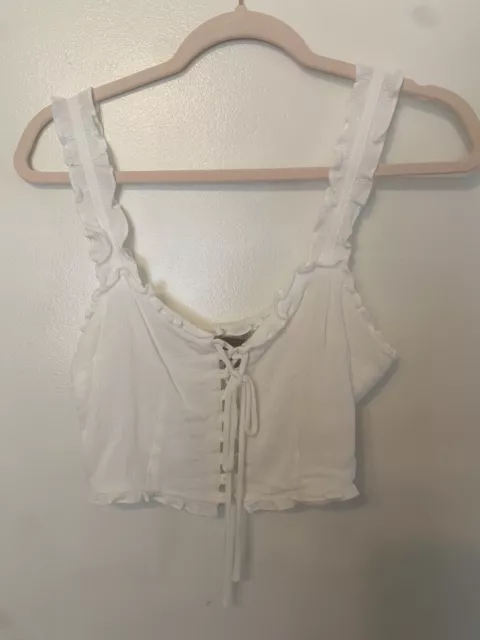 Forever 21 White Cropped Tie up Front Smocked Tank top size Large