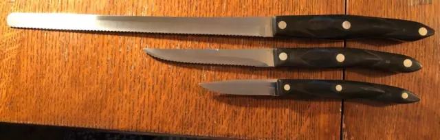 Cutco Knife Set 3 Piece Bread 1724JC, Steak 1721JB, Paring 1720JC Knives Vintage