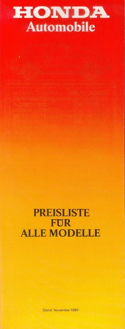 Honda Modellprogramm Preisliste 1980 11/80 D Auto price list prijslijst