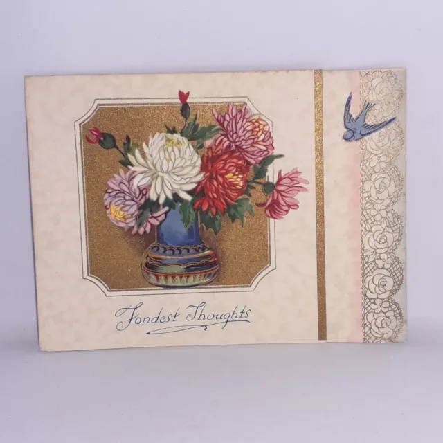 Vintage Deadstock 30s 40s Birthday Fondest Thoughts Greetings Card Gilt Printed