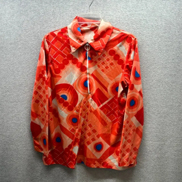 Vintage Disco Shirt Womens Large Red Blue Geometric Polyester 1/4 Zip 70s Ladies