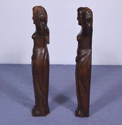 *13" Pair of Antique Carved Figures Posts Pillars Architectural Oak Women 8