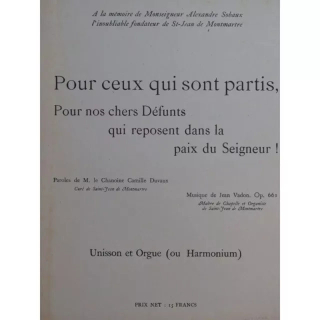 VADON Jean Pour ceux qui sont partis Chant Orgue ou Harmonium 1945