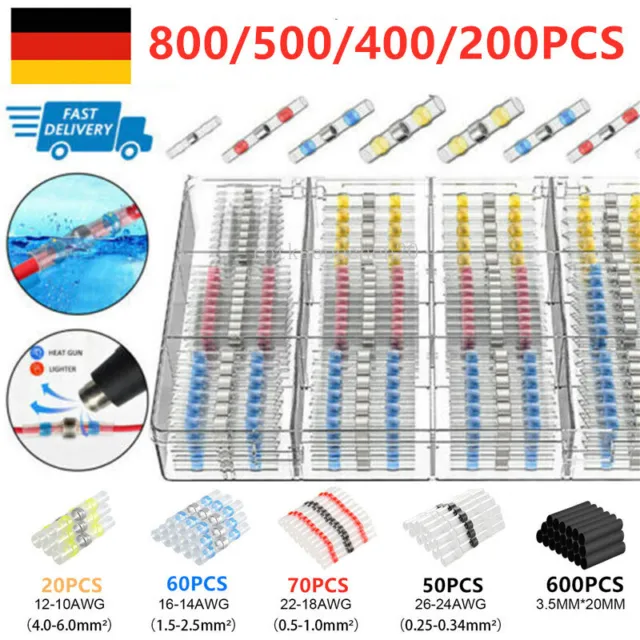 800x Lötverbinder Schrumpfverbinder Stoßverbinder Kabelver Quetschverbinder Set