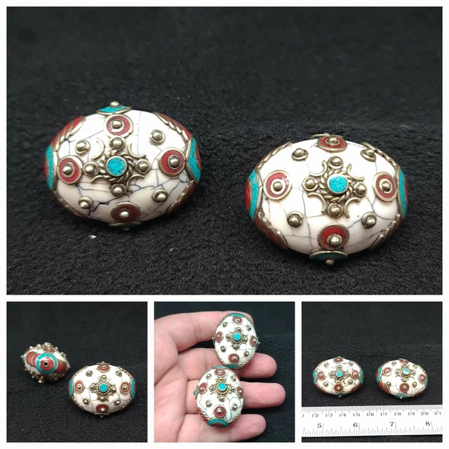 Nepalese Tibetan Handmade White Resin Turquoise Coral Inlay 2 Beads Beautifull