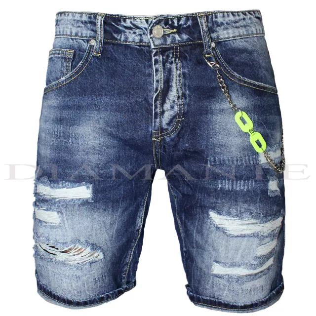Bermuda Uomo Jeans Denim Blu Pantaloncini Strappati Elasticizzati Nuovo 7085B