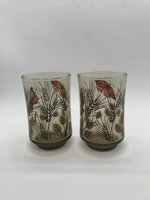 Vintage Libbey Monarch Butterfly Wheat Tawny Garden Juice Glasses Set Of 2 3