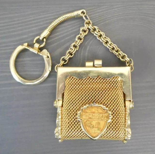 VTG 50s Mini Mesh Coin Purse Keychain Clip Gold Metal State Souvenir Michigan