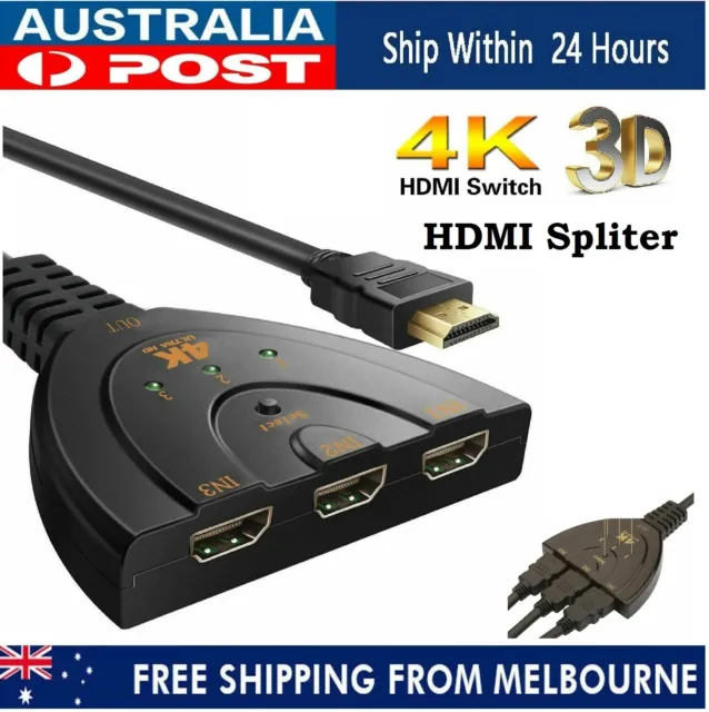 3 Port 4K HDMI Splitter Cable 1080P Multi Display Gold Plated Auto Switch Hub