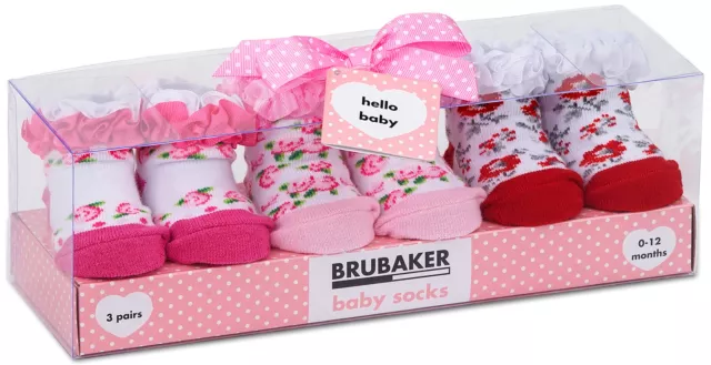 BRUBAKER 3 Paar Baby Socken Mädchen 0-12 Mon Geschenk Geburt Rüschen Blumen Tüll