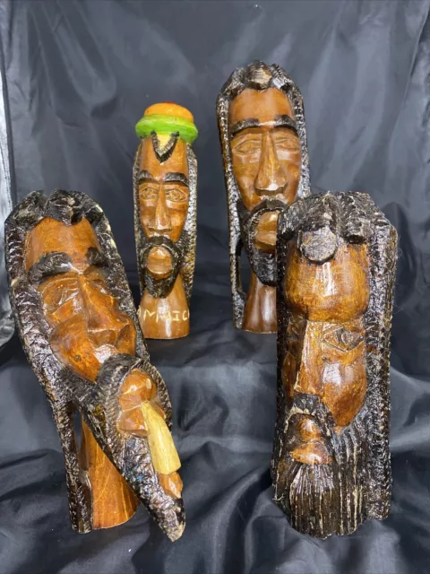 Wooden Hand Carved Bearded Rasta Men From Jamaica Lot Of Four