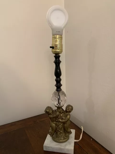 Vintage Bronze Table Lamp Hollywood Regency Art Deco Cherubs Marble Base Crystal