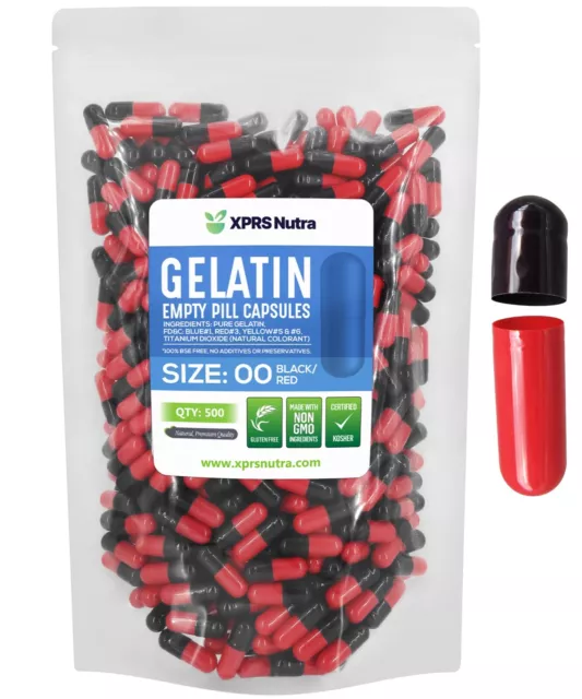 Size 00 Black & Red Empty Gelatin Pill Capsules Kosher Gel Caps Gluten-Free US