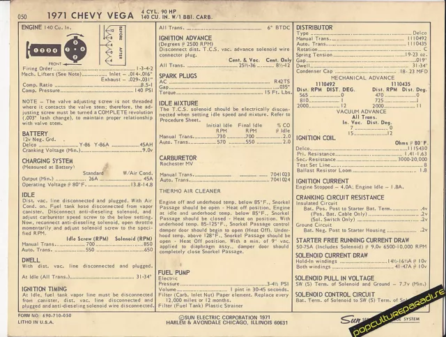 1971 CHEVROLET VEGA 4 Cylinder 90 hp / 140 ci Car SUN ELECTRIC SPEC SHEET
