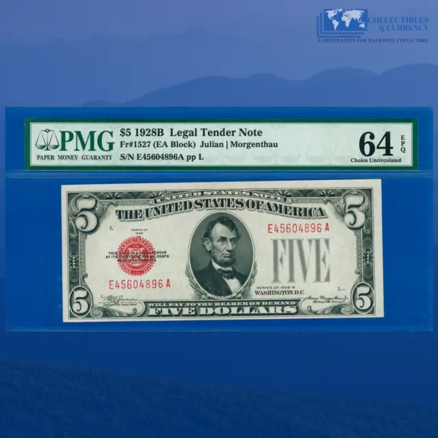 Fr.1527 1928B $5 Five Dollar Legal Tender Note E/A Block, PMG 64 EPQ #04896