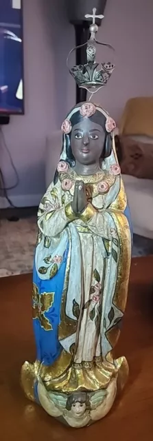 Antique Polychrome black Madonna statue Diniz 18"