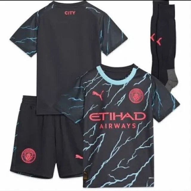 Man City Kids 3rd Third 2023-24 KIDS FULL football Kit shirt shorts Inc Socks