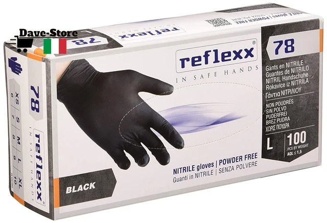 Reflexx R78, Guanti in Nitrile Neri Senza Polvere Gr 4, 100 Pezzi, Nero