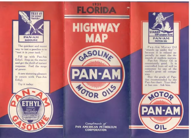 Vintage 1931 Pan-Am Oil Florida Highway Map Gasoline Motor Oil Petroleum Atlas