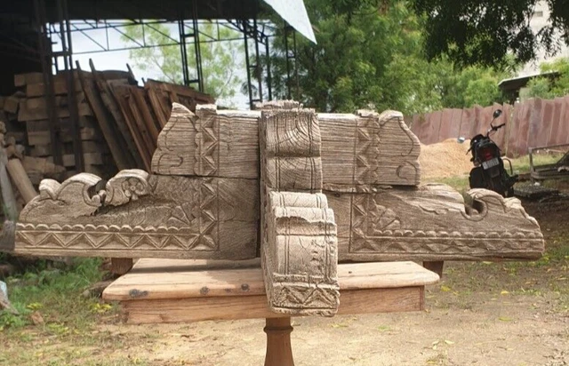 Antique Wooden Column Base Garden Stool French Colonial Original Old Hand Carved