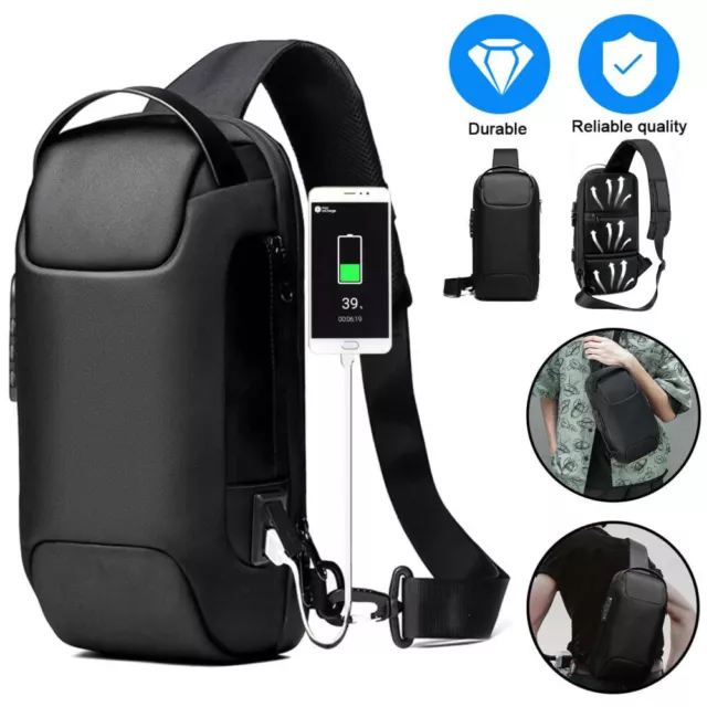 Mens Sling Backpack Waterproof Anti-theft Shoulder Crossbody Chest Bag USB Port