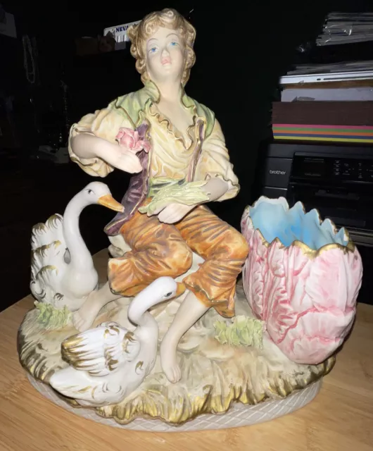 Large CAPODIMONTE Porcelain Figurine VASE Boy Swan Lake ITALY