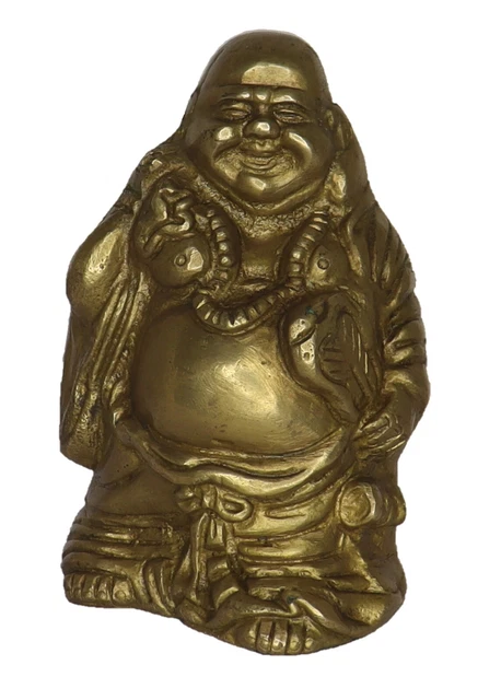 Laughing Buddha with Money Bag Good Luck Figure Handmade Brass Happy Man Statue