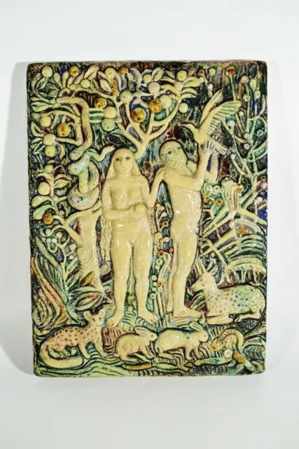 5,3 kg schwere Keramik Bildfliese ° Wandkeramik ° Adam und Eva im Paradies