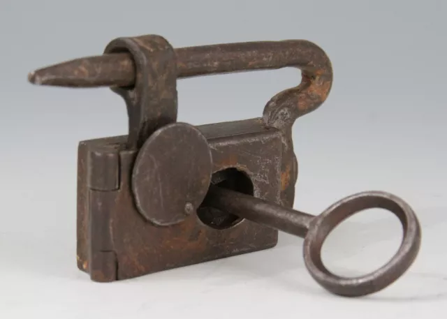 antique Iron Padlock & Key, 18th century ?  Lock with bolt, hinge and key plate