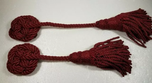 2 Antique Fabric Tassels  - Two Lengths - Deep Ruby Color