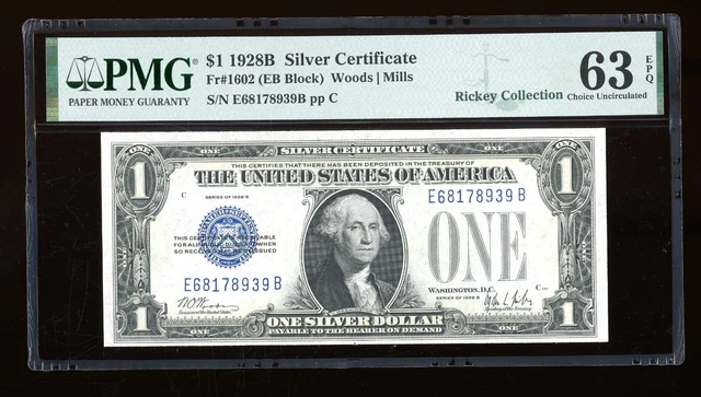 DBR 1928-B $1 Silver Funnyback Fr. 1602 EB Block PMG 63 EPQ Serial E68178939B