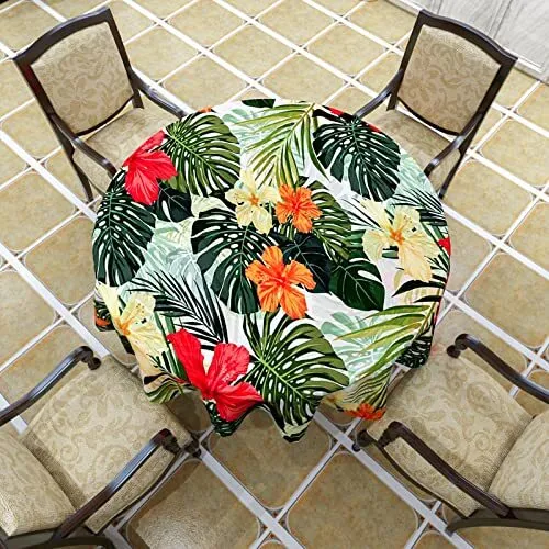 Tropical Round Tablecloth Hawaiian Palm Tree Hibiscus Flowers Plants Tableclo...