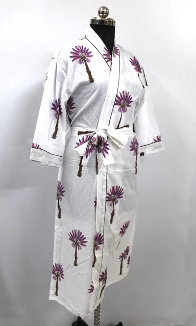 Handmade Floral Printed Long Cotton Kimono, Hand Block Print Beach wear Dress